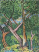 Waldlandschaft van Otto Mueller: landschap met bomen, bos, gras en takken, in fris groen en oker