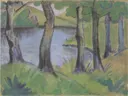 Waldsee ca1919 van Otto Mueller: landschap met meer, bomen, bos en water, in fris groen en blauw