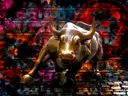 Pop-art schilderij van het Wall Street stierbeeld op een achtergrond van dollarbiljetten