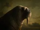Studioportret van Walrus en profil, tegen een geschilderd doek in olijf