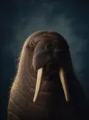 Studioportret van Walrus van voren, tegen een geschilderd doek in inktblauw