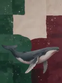 Schilderij van walvis in bordeaux en bosgroen