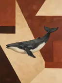 Schilderij van walvis in terracotta en zand, in vlakke kleurvlakken