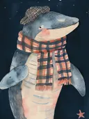 Walvis met sjaal en muts tegen een donkere sterrenhemel