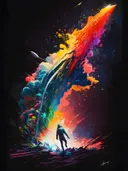 Figuur loopt naar een abstracte kleurenexplosie