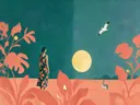 Schilderij van wandelaar in het landschap in petrol en koraal, in vlakke kleurvlakken