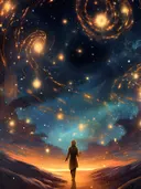 Wandelaar op strand onder kosmische sterrenhemel