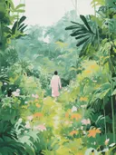 Vrouw in roze jurk loopt over een pad tussen groene jungleplanten en bloemen.
