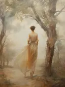 Schilderij van een vrouw die door een mistig bos wandelt