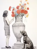 Potlood- en aquarelillustratie van een vrouw met hond bij een grote stenen vaas met kleurrijke bloemen