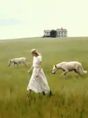 Wandeling met twee witte honden, surrealisme schilderij