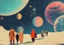 Surrealistische collage van mensen die wandelen op een maanlandschap tussen planeten