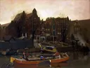 Warehouses, Amsterdam van George Hendrik Breitner: stad met pakhuizen, water, boten en Amsterdam, in donkerbruin en oranje