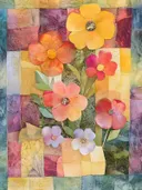 Bloemenmix in oranje, geel en roze tegen een patchwork achtergrond