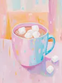 Schilderij van een mok warme chocolademelk met marshmallows.