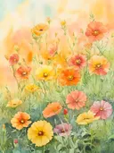 Aquarel van een bloemenveld in oranje, gele en roze tinten