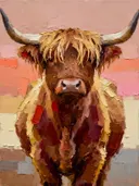 Schilderij: warme hooglander in roze
