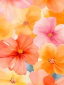 Close-up aquarel van oranje, roze en koraalkleurige bloemen die het hele beeld vullen