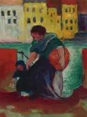 Wäscherin mit Kind (Washerwoman with Child), lot.340 ( ) van Franz Marc: figuren met vrouw, kind, wassen en huizen, in geel, rood en blauw
