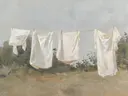 Schilderij van wit wasgoed dat aan een waslijn hangt in de tuin.