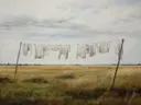Schilderij van een waslijn met wit wasgoed in een goudkleurig veld
