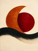 Wassende maan in de stijl Retro Shapes, in diep rood, roestoranje en romige crème, met diepzwart