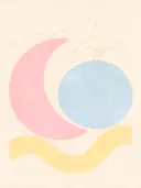 Wassende maan in de stijl Retro Shapes, in zacht pastelroze, bleek poederblauw, romige crème en zacht pastelgeel