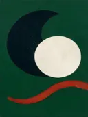 Wassende maan in de stijl Retro Shapes, in inktzwart en beenderwit, met één baan vermiljoen