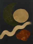 Wassende maan in de stijl Retro Shapes, in olijfgroen, kaki en bleek zand, met een gebrande sienna als accent