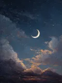 Wassende maan met sterren en oranje wolken, olieverfschilderij