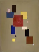 Wassily 13 Rechtecke (Thirteen rectangles), 1930, GAC van Wassily Kandinsky: abstract met rechthoeken, geometrisch, kleurvlakken en strak, in rood blauw en zwart op beige