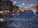 Wassily Errinnerung an Venedig 4 (Ponte Rialto), 1904, GAC van Wassily Kandinsky: stad met Venetie, brug, gracht en boten, in diep blauw