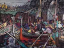 Wassily Lied, 1906, GAC van Wassily Kandinsky: figuren met boten, mensen, water en vlaggen, in bont blauw en rood
