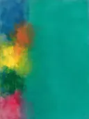 Abstract schilderij, wassing aan de linkerrand in alle kleuren