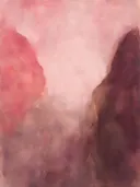 Abstract schilderij, wassing aan de rechterrand in roze en aubergine