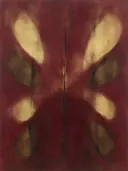 Abstract schilderij, wassing in het midden in bordeaux en brons