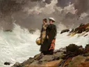 Watching the Breakers van Winslow Homer: zee met golven, branding, rotsen en vrouwen, in gedempt grijs en blauw