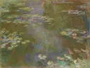 Water Lily Pond van Claude Monet: landschap met waterlelies, vijver, water en groen, in groen met roze