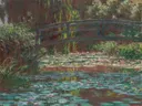 Water Lily Pond van Claude Monet: landschap met vijver, waterlelies, brug en wilgen, in roze en groen