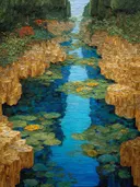 Schilderij van een blauw waterkanaal omzoomd door waterlelies en gouden struiken