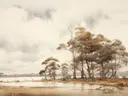 Aquarel landschap met eucalyptusbomen aan een meer.
