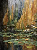 Witte en oranje waterlelies drijvend op een vijver met een gouden getextureerde achtergrond
