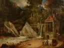 Watermolen in Aberdulais van James Ward: landschap met watermolen, rotsen, bomen en waterval, in donker bruin en groen
