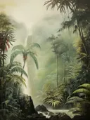 Waterval bij een rotsachtige klif omgeven door palmbomen en een rode bromelia plant.