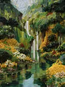 Waterval in een groene kloof met geel en wit bloeiende struiken aan weerszijden.