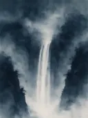 Waterval in de mist in inktzwart, mistig oosters landschap