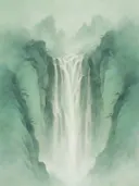 Waterval in de mist in jade, mistig oosters landschap