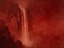 Waterval in de mist in lakrood, mistig oosters landschap