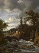 Waterval in Noorwegen van Jacob van Ruisdael: landschap met waterval, rotsen, dennen en water, in donkergroen en grijs