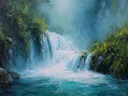Schilderij van een waterval in een tropisch oerwoud